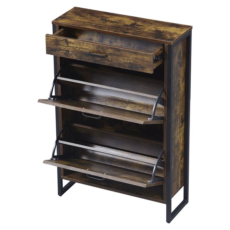 Wood Shoe Storage Cabinet for Entryway, 2 Flip Drawers Shoe Rack, Freestanding Hidden Shoe Organizer Holds up to 10 Pairs