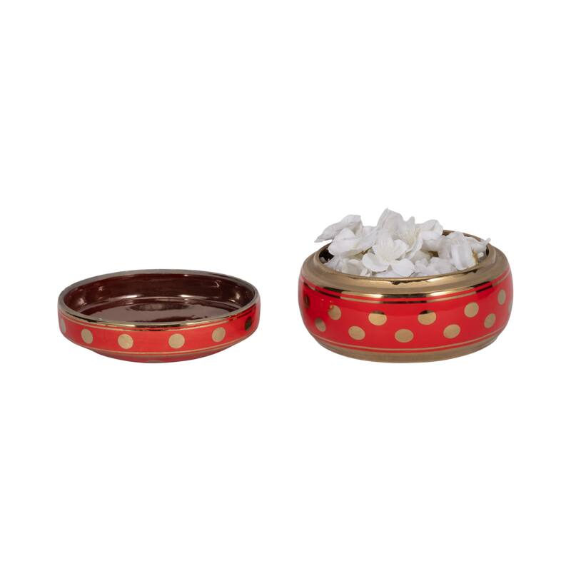 Sagebrook Home 13448-07 Ceramic Covered Dotted Jar, Red/Gold Ceramic, 7 X 7 X 3.75 Inches - 7" x 7" x 3.75"