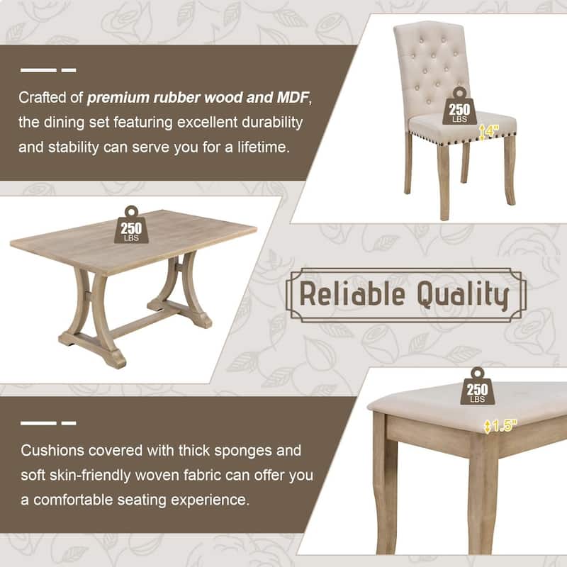 Farmhouse 6-piece Wooden Dining Set with Bench and 4 Upholstered Chairs