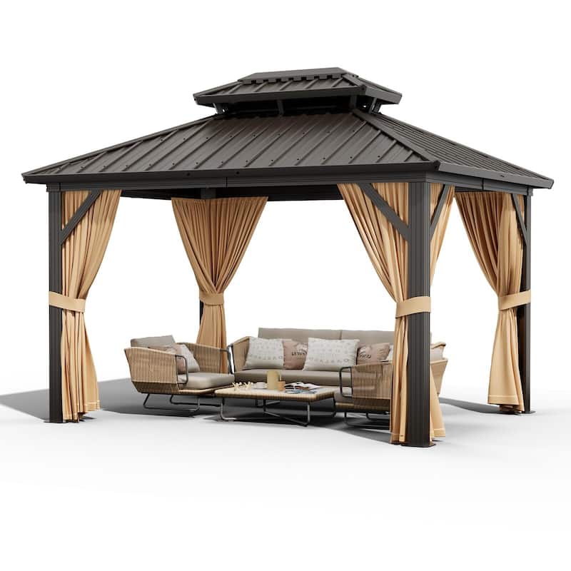 Outdoor Galvanised Steel Hardtop Gazebo, with Netting and Sunshade Curtains