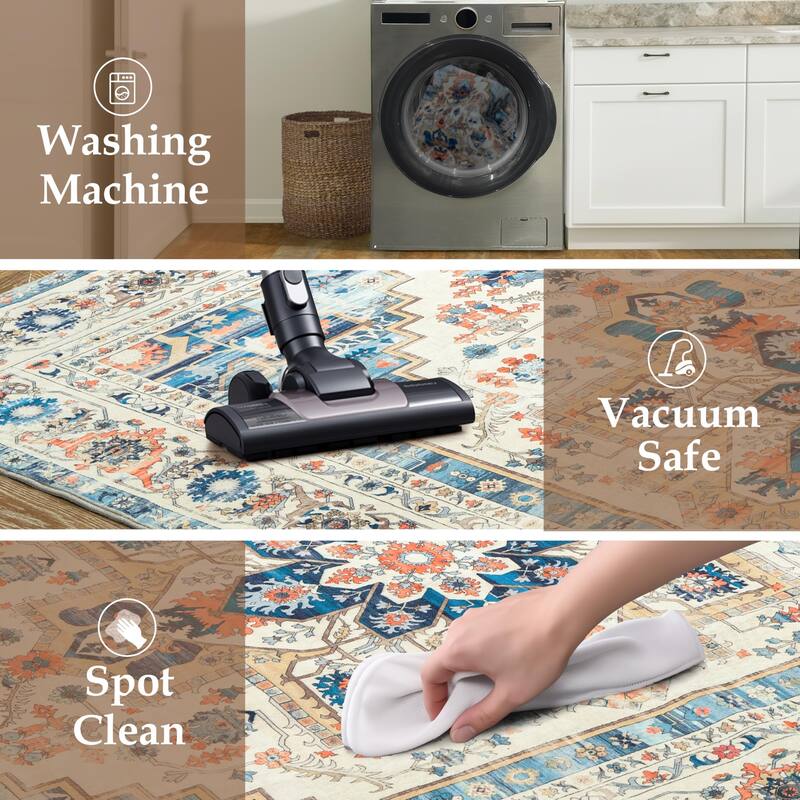 DriftAway Area Rug Washable Rugs for Living Room Non Slip Rubber Backing Low Pile Non Shedding Boho Foldable Vintage Rugs