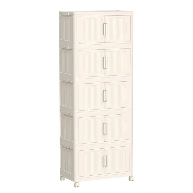 5 Tiers Cream White 19.69" Side Wide Folding Storage Cabinet