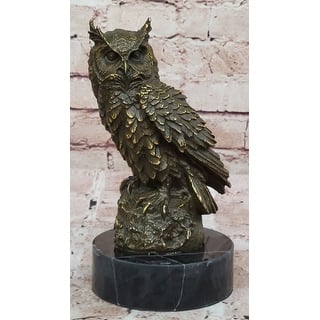 Realistic Owl Bronze Sculpture On Black Marble Base