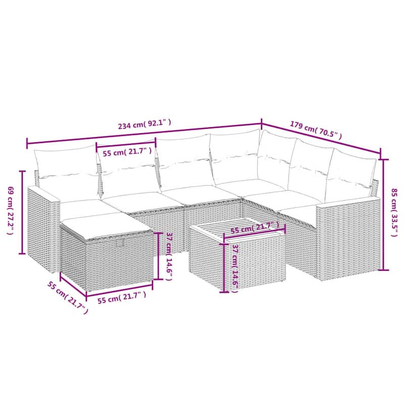 vidaXL Patio Sofa Set with Cushions Outdoor Conversation Furniture Poly Rattan - 24.4" x 24.4" x 27.2"