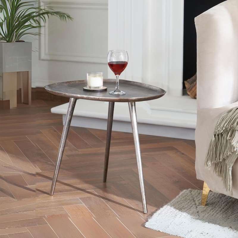 Metal End Table with Rounded Triangular Shape and Three Legs, Handcrafted Aluminum Side Table with Rustic Modern Finish - 20