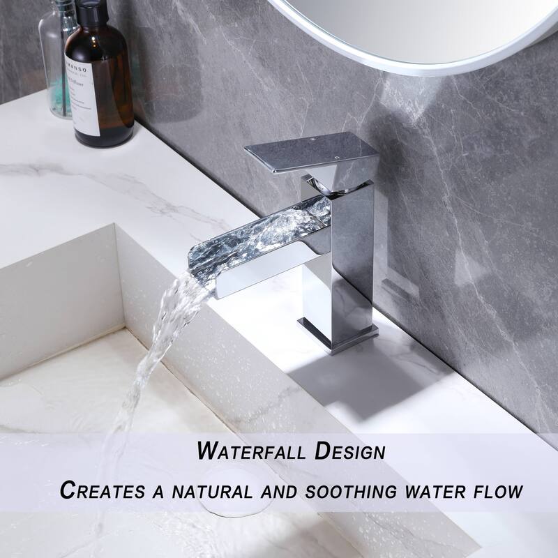 1Handle Polished Chrome Bathroom Faucet, Waterfall Bathroom Vanity