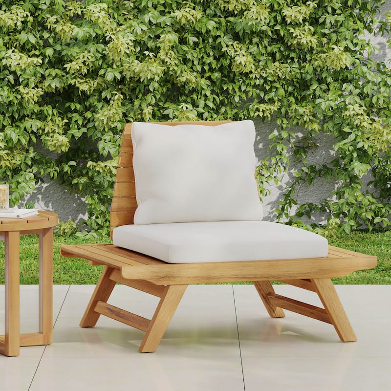 Roomfitters Modern Armless Patio Lounge Chair with Deep Cushions and Wide Acacia Base, Outdoor Seating - Beige