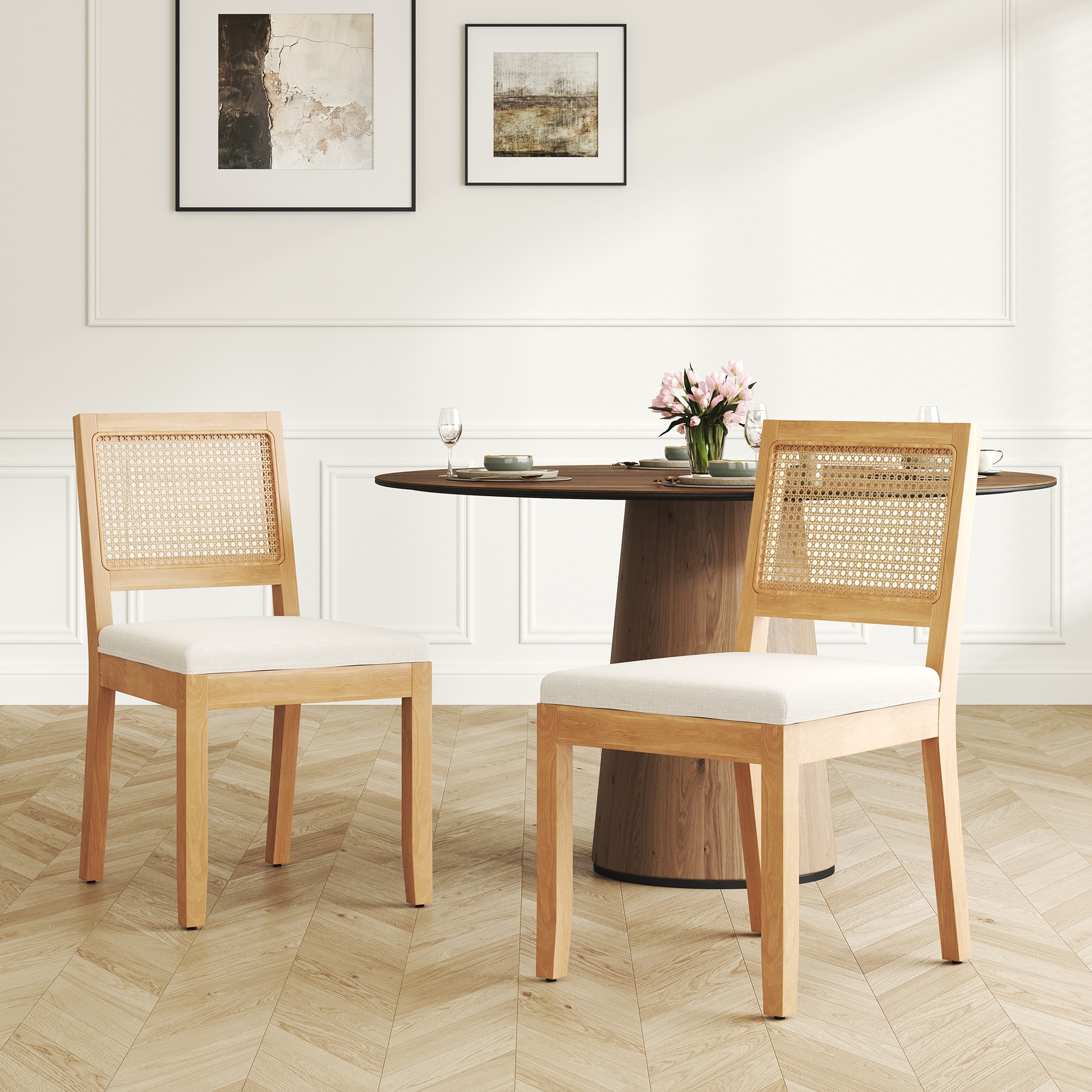 Farmhouse Rattan Dining Chairs Set of 2, Modern Cane Upholstered Side Chair