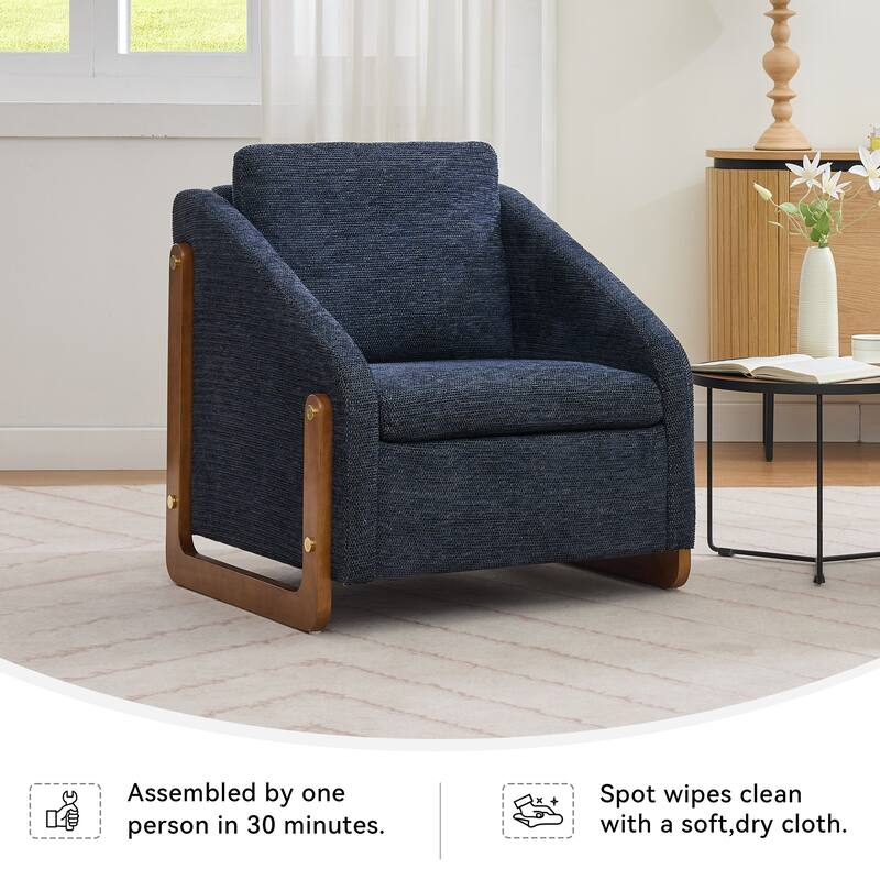 Modern Chenille Upholstered Armchair with Wooden Side Frame, Single Accent Leisure Chair with Backrest for Living Room, Bedroom