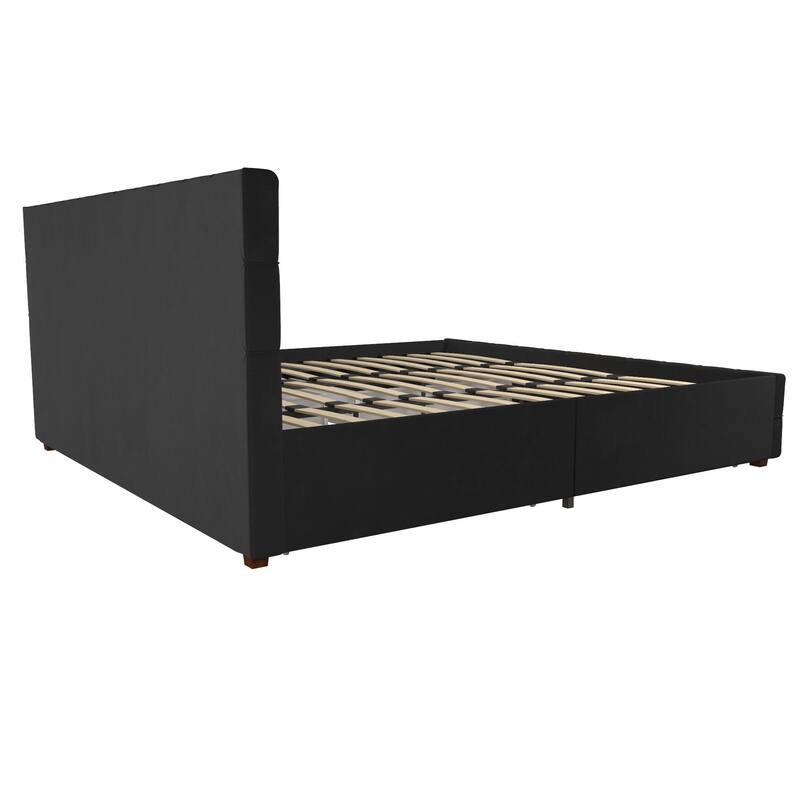 Roomfitters King Velvet Upholstered Bed Frame with Storage Drawers and Square Tufted Headboard, Black