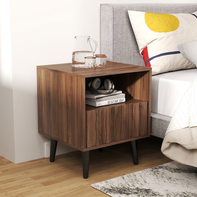Mid-Century Modern Nightstand, Fluted End Table Drawer & Open Storage