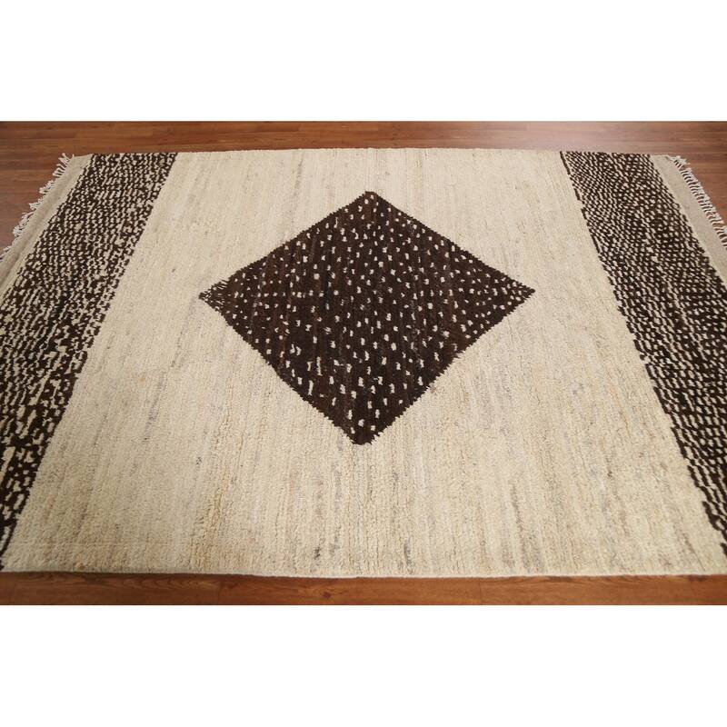 Hand Knotted Oriental 100% Wool Carpet Modern Tribal Beige & Ivories Moroccan Area Rug - 8' 1'' X 5' 8''