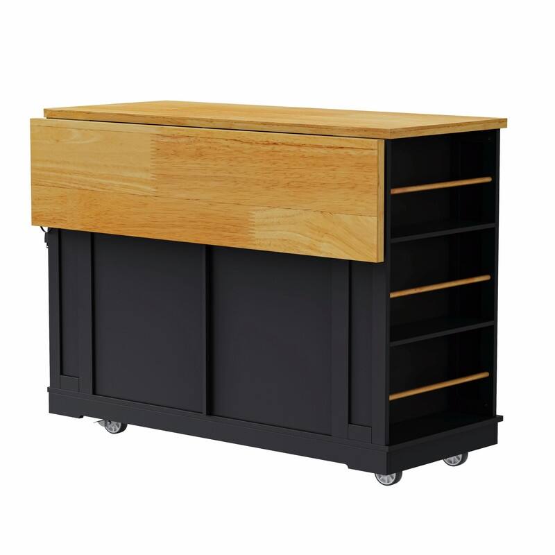 48" Rolling Kitchen Island with Drop Leaf, Power Outlet & 2 Bar Stools, Storage Cart with Drawers & Racks