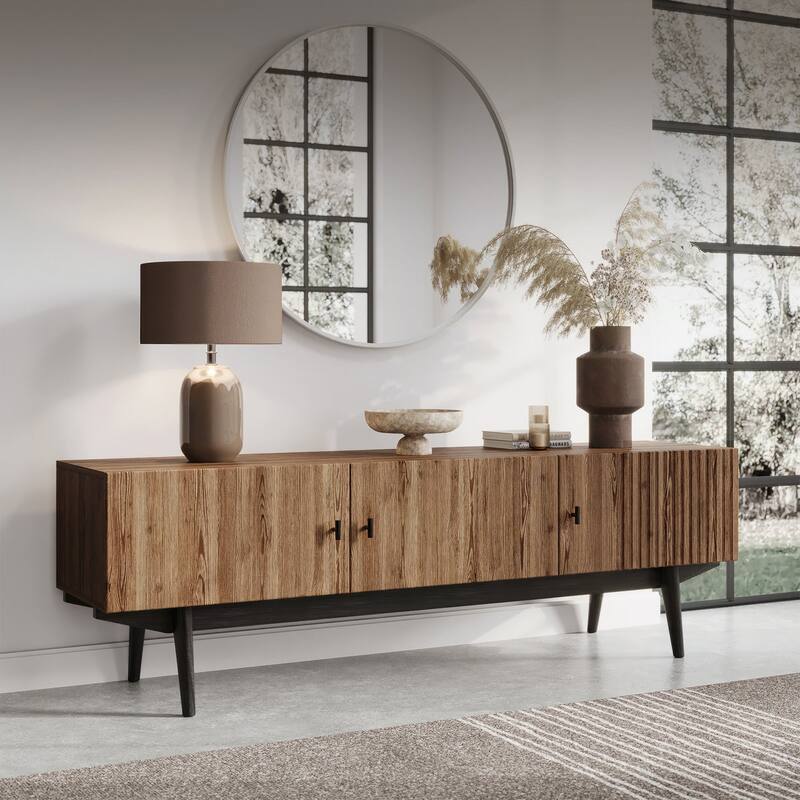 Living Skog Chelsea Brown TV Stand Fits for TV's up to 65 in. with Slatted Design and Wood Legs - Brown