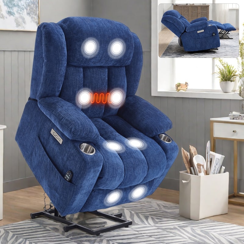 Chenille Power Lift Recliner wMassage, Heat, USB, Type-C, Cup Holders - Dark Blue