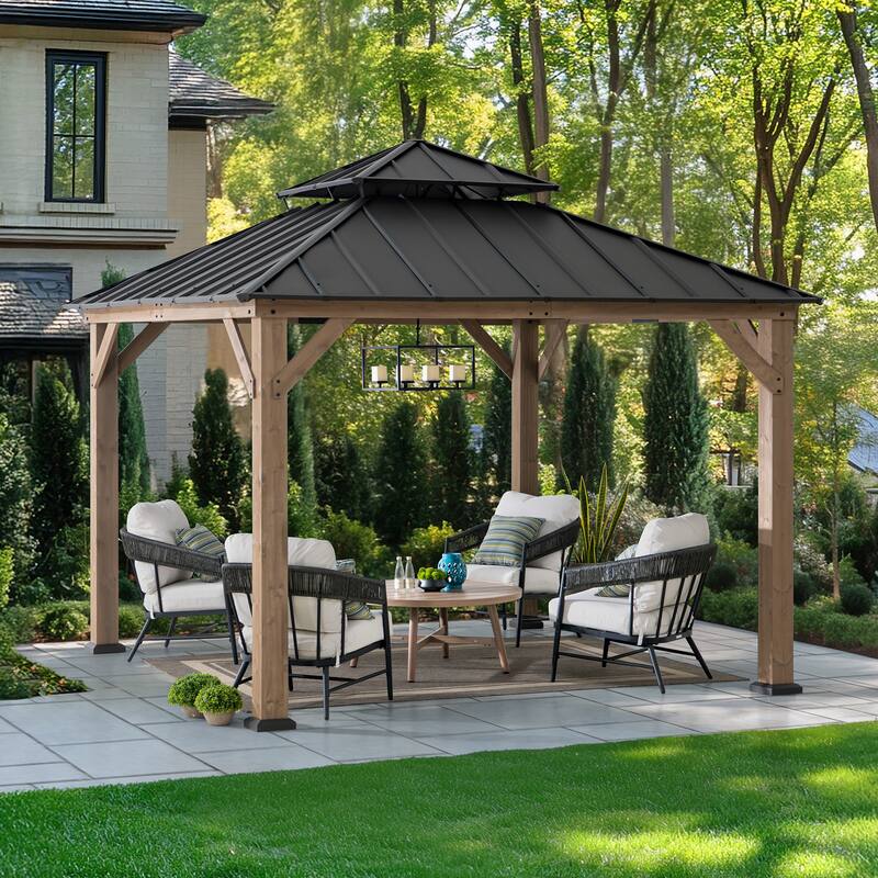 Sunjoy 11 x 11 ft Outdoor Wooden Gazebo Patio Steel Hardtop Gazebo with Ceiling Hook for Patios, Lawn, and Backyard, Brown