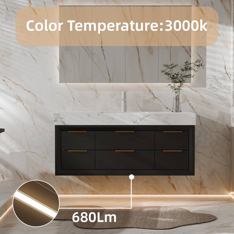 Modland 48" Modern Floating Bathroom Vanity with Single Sink, Soft-Close Drawers, White Stone Countertop