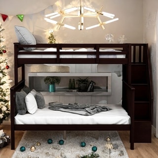 Twin Over Full Bunk Bed with Storage and Guard Rail for Bedroom