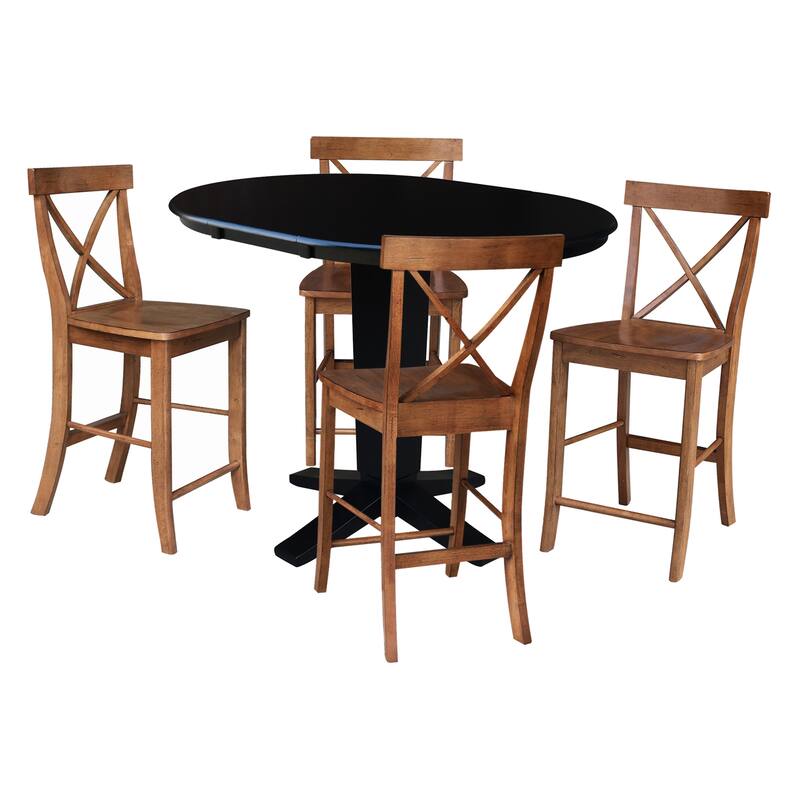 36 in Round Counter Height Extension Dining Table with 12 in Leaf and Stools - Black/Distressed Oak