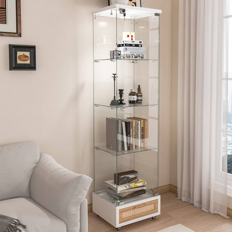 Glass Display Cabinet With Drawer,Cabinet With Led Lights,Tempered Glass Bookshelf, 1-Door Storage Case With 4 Shelves