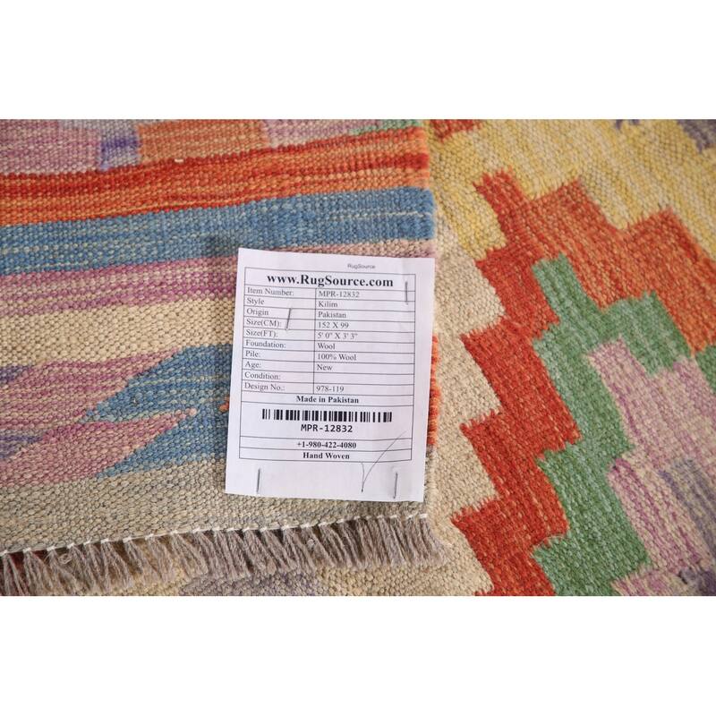 Southwestern / Geometric Kilim Accent Rug Flatweave Wool Carpet - 3'3"x 5'0"