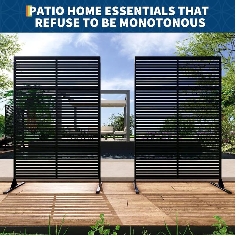 1PCS 72 in H x 46 in W Metal Privacy Screen Panel Freestanding Outdoor Divider with Stand Stripe01-Brown