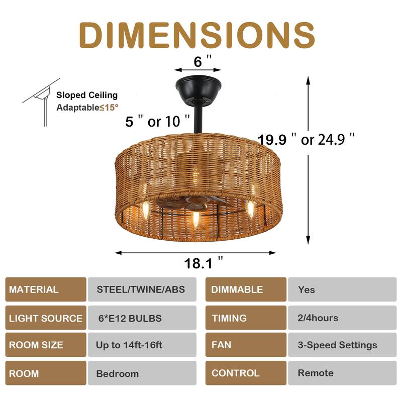 20" Oaks Aura Rattan Wicker Scandi-Style Silent 3- Speed Ceiling Fan with Lights, Zen Conception Ceiling Fan with Remote