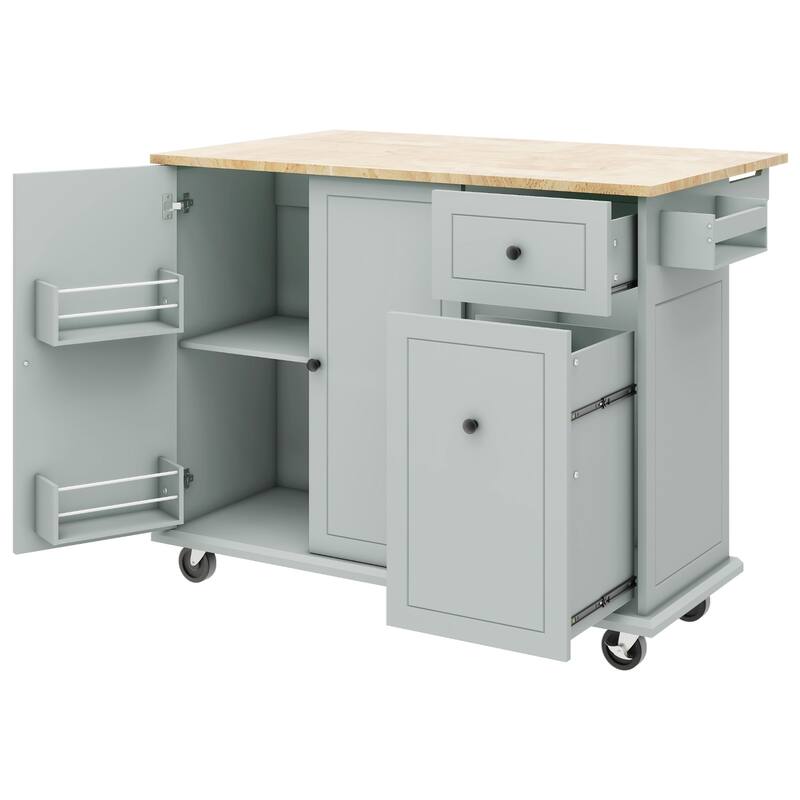 Mobile Kitchen Island with Drop Leaf, 53.9" Width, 3-Tier Pull-Out Cabinet Organizer, Spice & Towel Rack (Black)