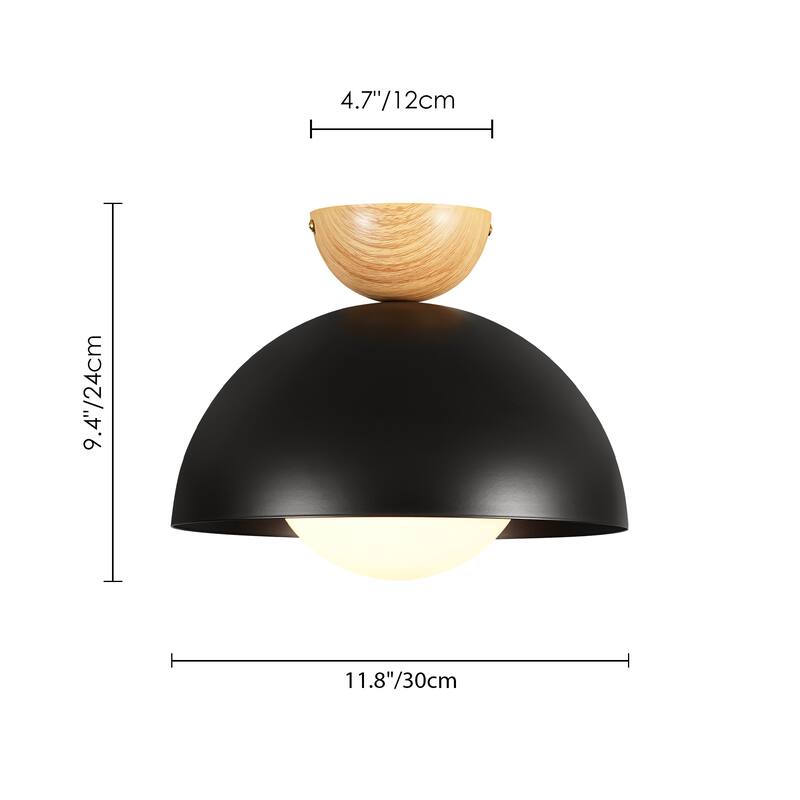1-Light 11.8" Modern Farmhouse Black Semi-Flush Mount Ceiling Light - 11.8 in. W x 9.84 in. H