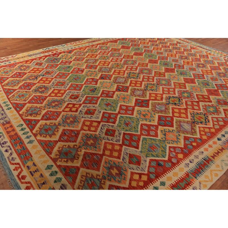 Tribal / Geometric Kilim Oriental Area Rug Hand-Woven Wool Carpet - 10'5"x 13'2"