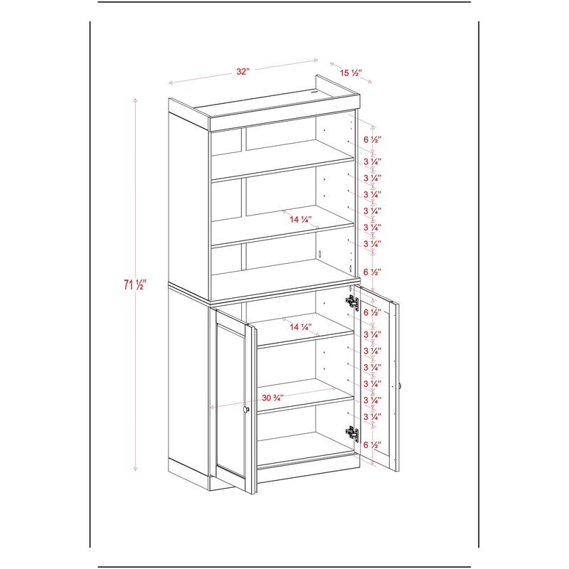 Solid Wood Tall Bookcase with Doors, Adjustable Shelves, Modular Storage, Open Display Bookshelf, 32" W x 71.5" H