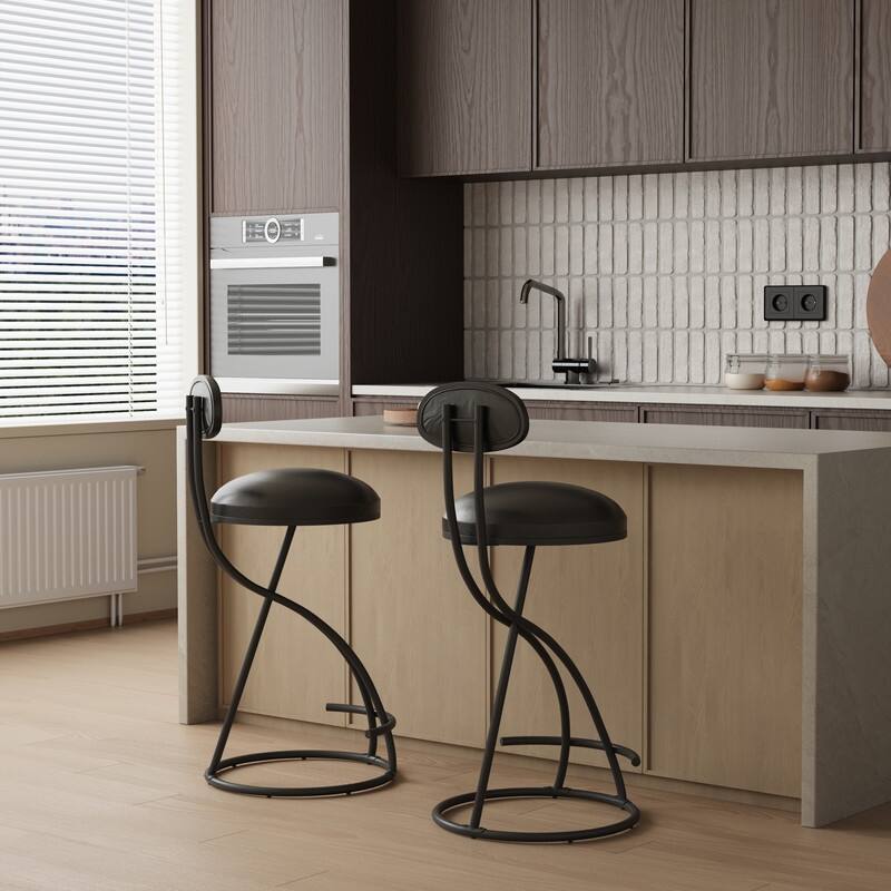 Bar Stools Upholstered Counter Height Barstools for Kitchen Island Set of 2 Modern PU Leather Dining Chairs with Footrest - Black