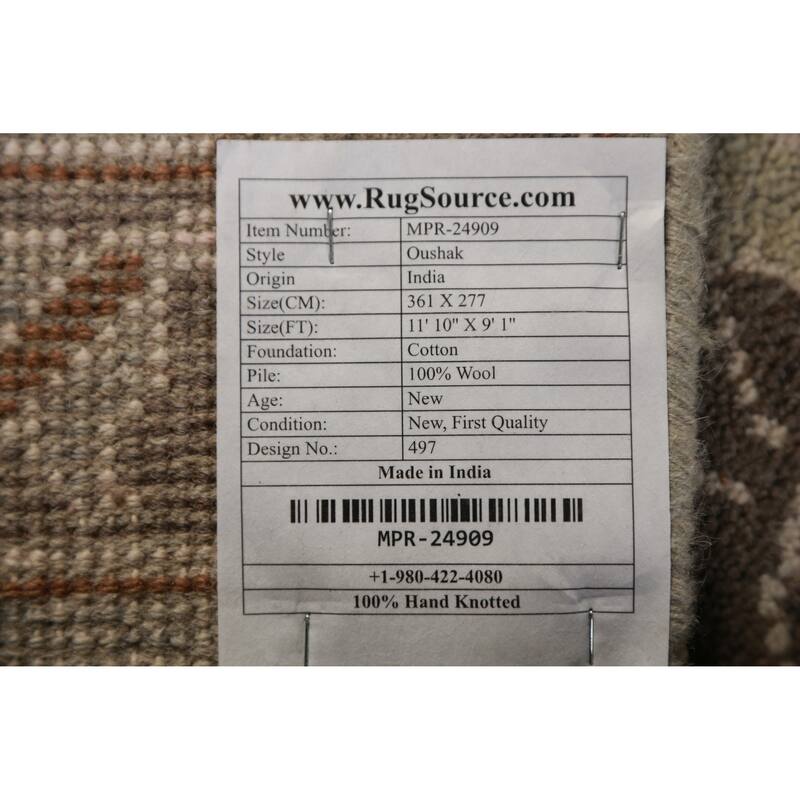 All-Over Light Green Oushak Indian Area Rug Handmade Wool Carpet - 9'1" x 11'10"