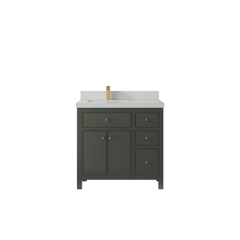 Willow Collections 36 in W x 22 in D Sonoma Left Offset Free Standing Reeded Bathroom Vanity with Countertop - 2" Carrara Quartz - Pewter Green