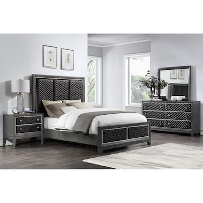 Modern Bedroom Furniture 5pc Set Bed Nightstands Dresser Mirror Gray