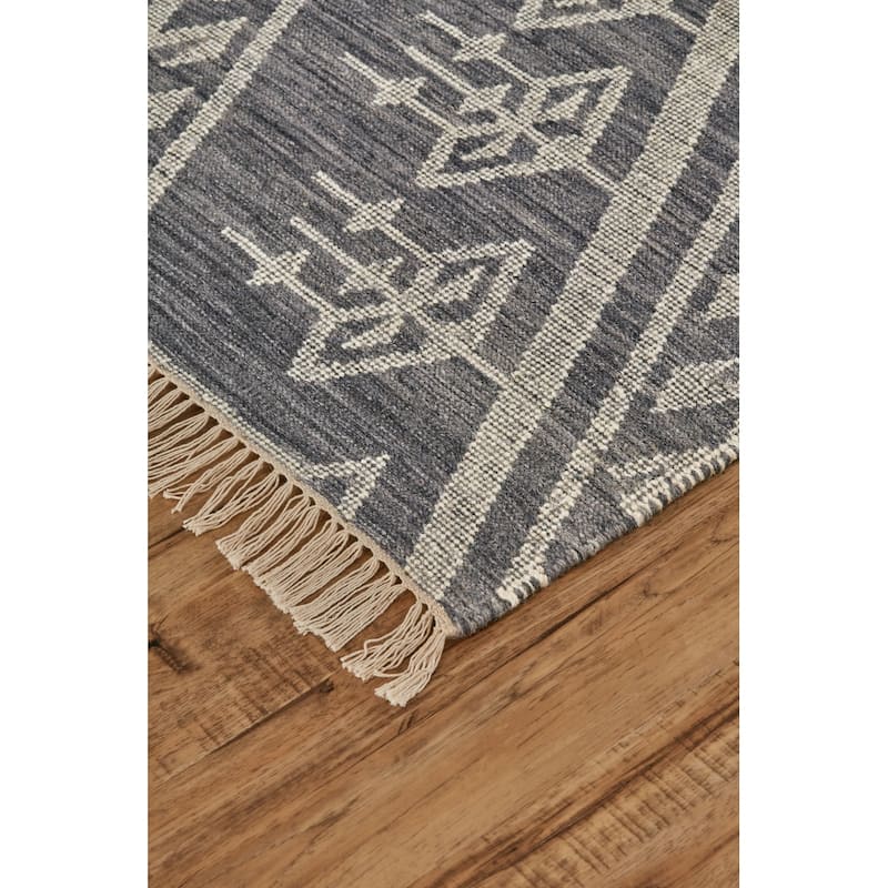 Bray Bohemian Geometric Flatweave Rug, Dusty Blue/Ivory, Area Rug