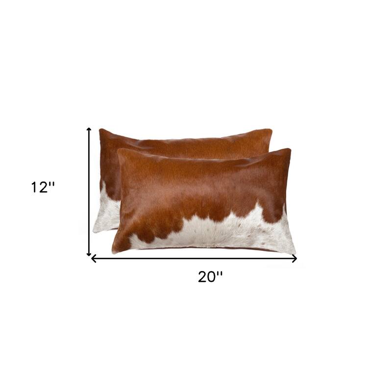 HomeRoots Set of Two 12" X 20" Brown and White Cowhide Throw Pillows