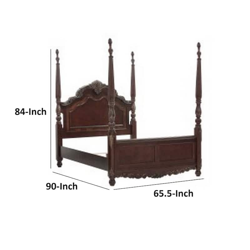 Park Queen Size Poster Bed with Shell Motifs and Burl Inlays, Brown Veneer