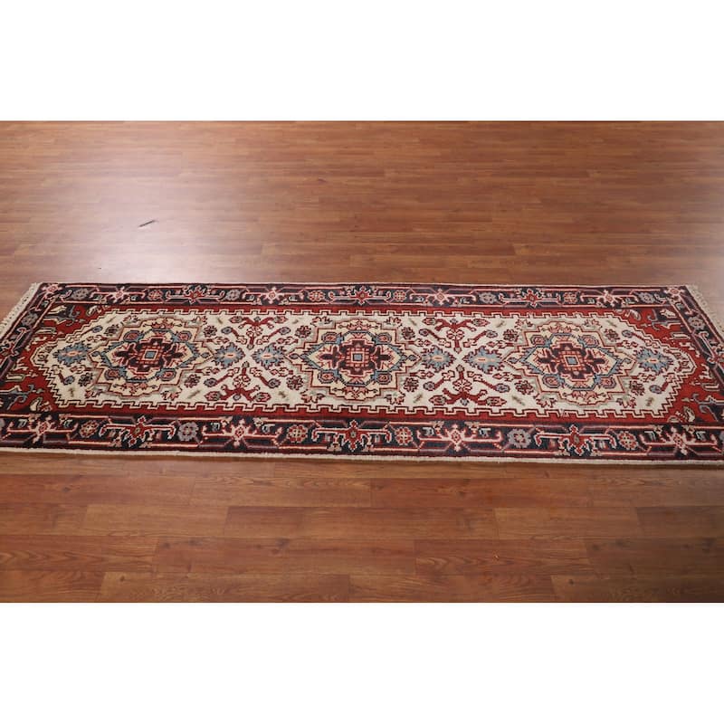 Ivory Geometric Heriz Serapi Runner Rug Hand-Knotted Wool Carpet - 2'6"x 7'10"