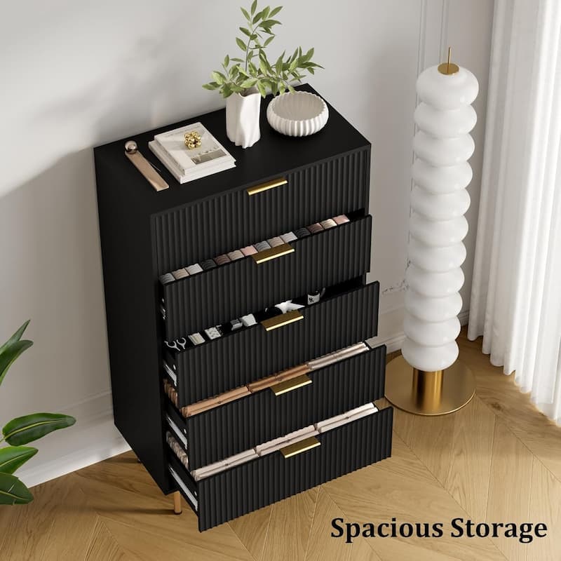 Fluted Chest 5 Drawers Dresser for Bedroom Closet Living Room Hallway