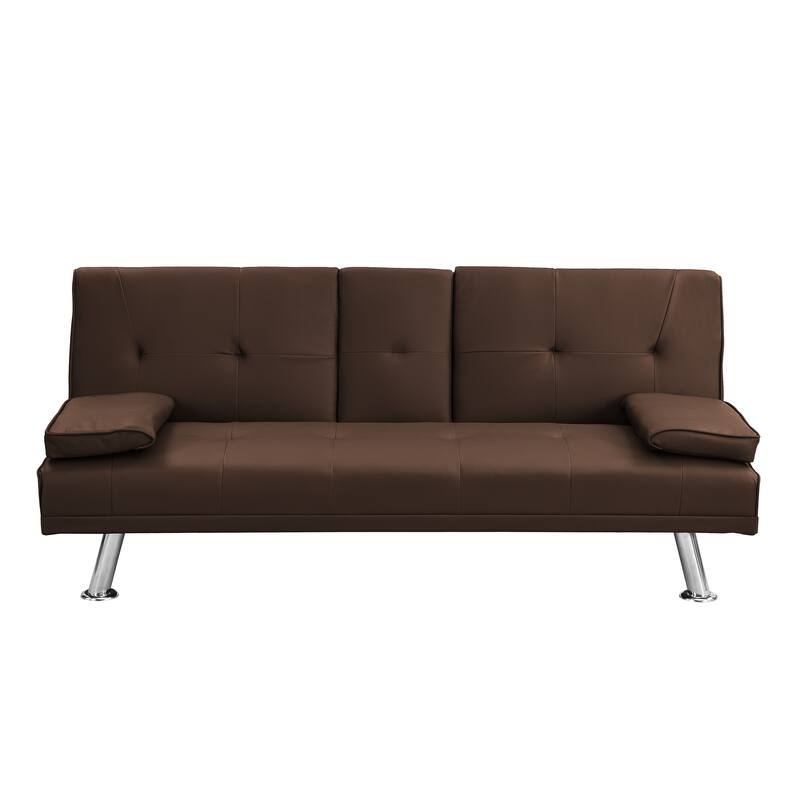 Sofa Bed with Armrests, Wood Frame & Stainless Legs, Futon Style with PVC Upholstery - Brown