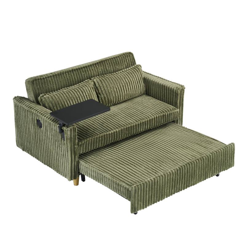 The pull-out and push-in green corduroy sofa with dual functions,equipped with a movable tabletop and USB ports