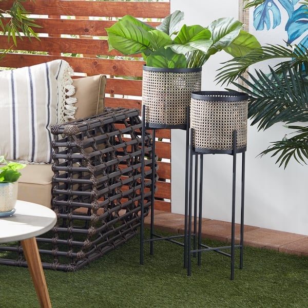 slide 2 of 6, Gold and Black Metal Iron Industrial Contemporary Planter Stands (Set of 2) - 11 x 11 x 32Round
