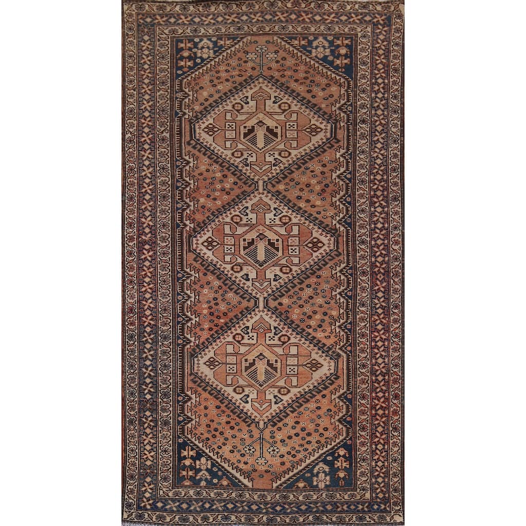 Geometric Bakhtiari Persian Vintage Rug Handmade Orange Wool Carpet - 4'11" x 10'0"