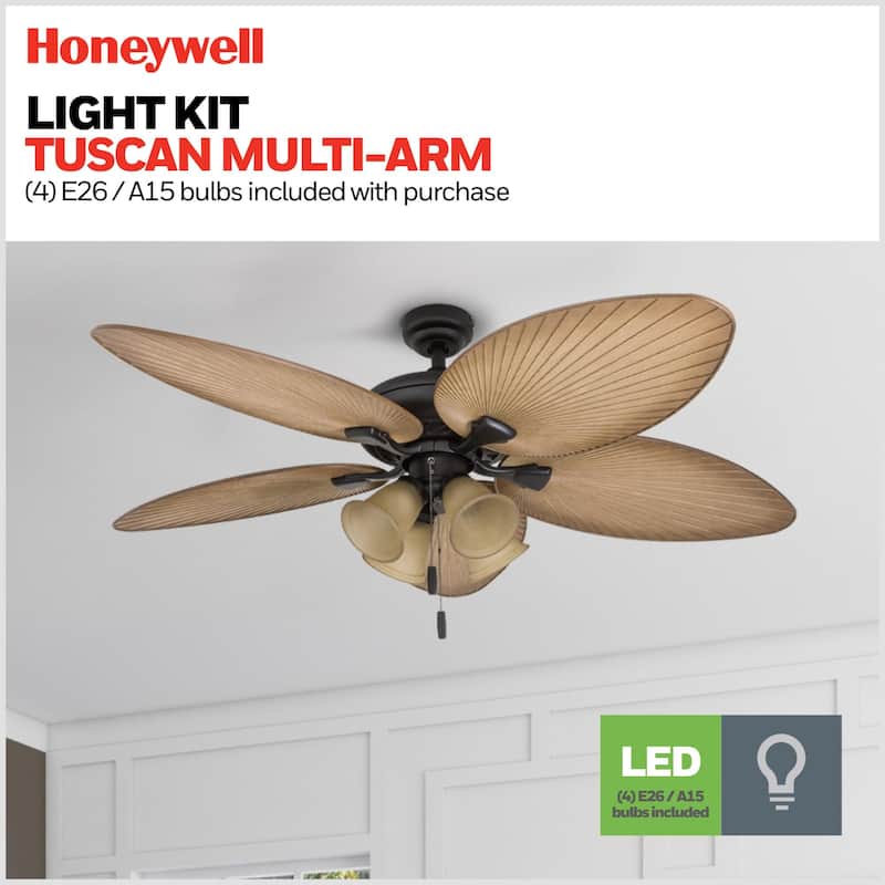 52" Honeywell Palm Valley Bronze Indoor/Outdoor Ceiling Fan with Light, Pull Chain, 5 Palm Leaf Blades