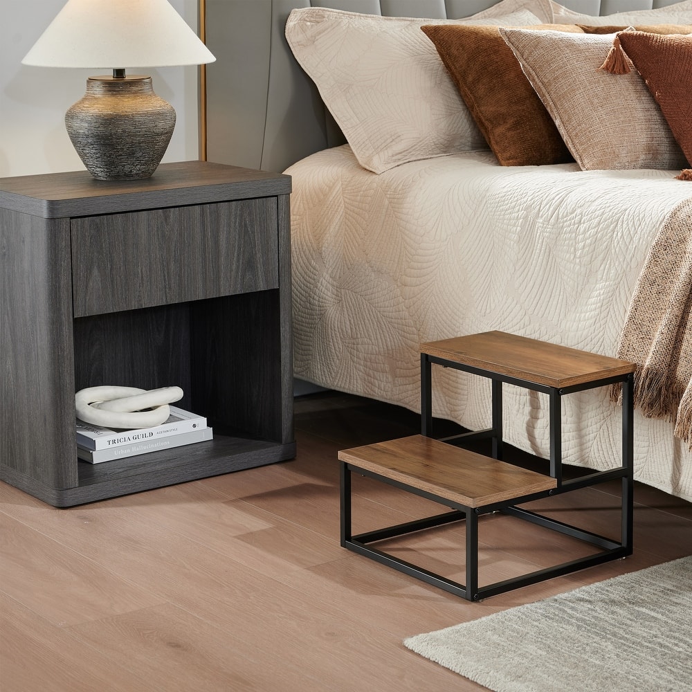 Axel Walnut Wood and Metal 2-Step Modern Industrial Step Stool