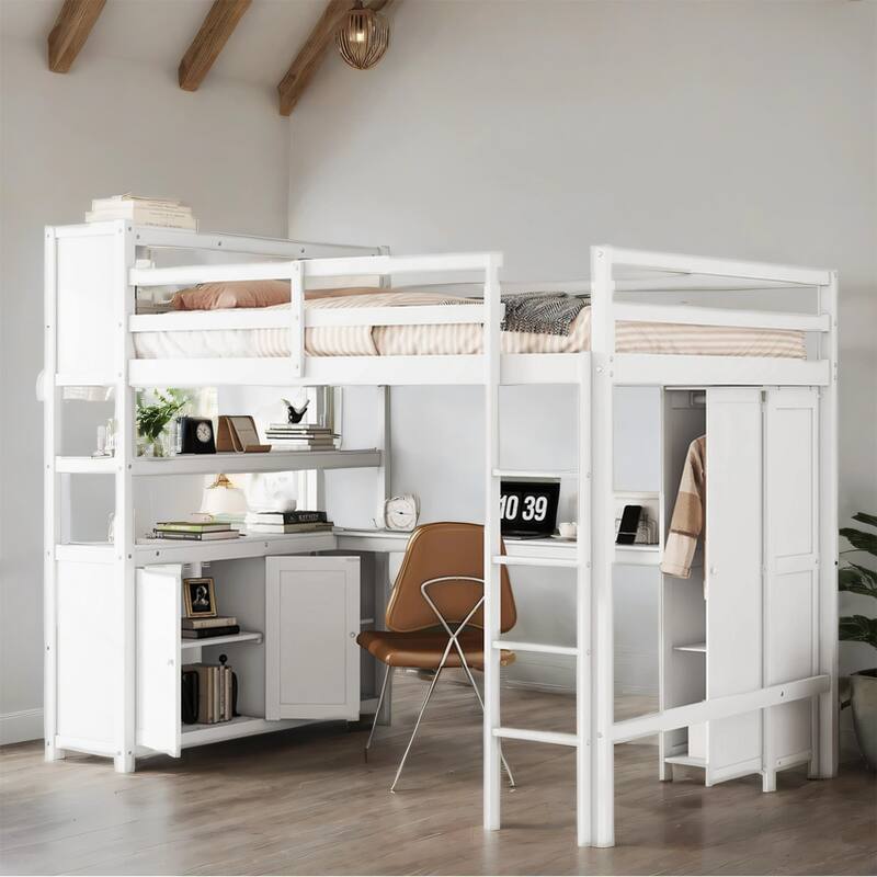 Full Size Wood Loft Bed with Cabinet and Bookshelf,Wardrobe and Desk