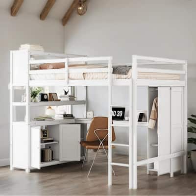 Full Size Wood Loft Bed with Cabinet and Bookshelf,Wardrobe and Desk