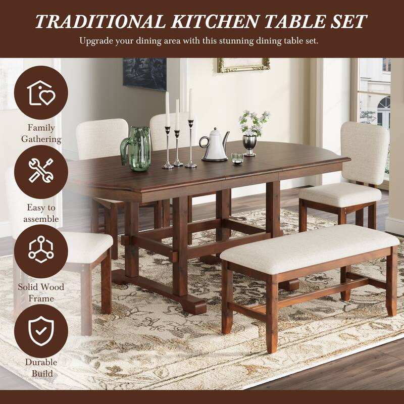 Roomfitters 6-Piece Extendable Wood Dining Table Set, 78" Kitchen Table with 18" Leaf, Bench and 4 Chairs, Espresso & Beige