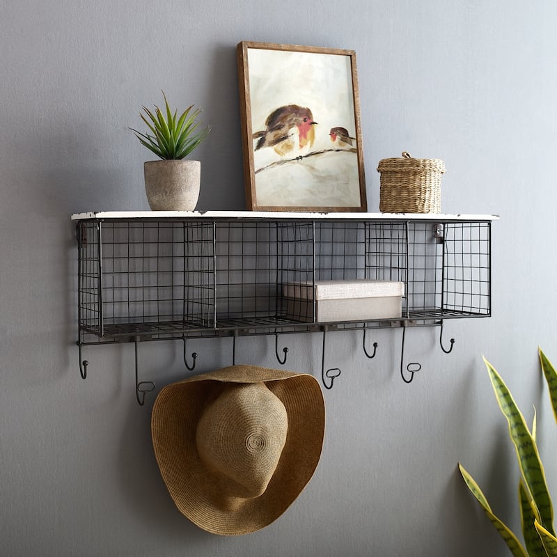 Linon Four Cubby Wall Shelf with Hooks - Black/White